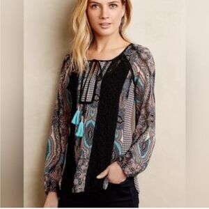 ANTHROPOLOGIE Meadow Rue Giada Long Sleeve Crochet Detail Blouse Size L